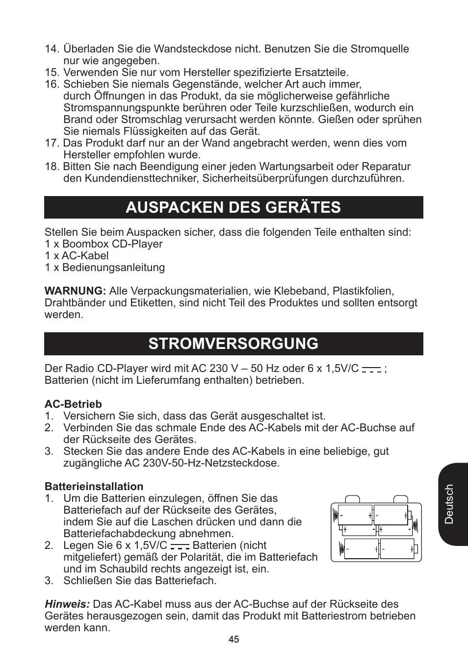 Auspacken des gerätes stromversorgung | Lexibook RCD102TF User Manual | Page 45 / 60