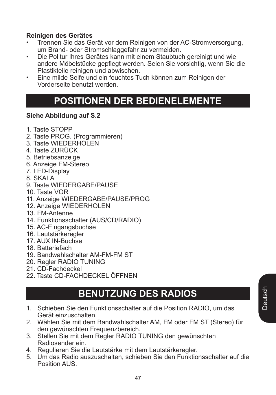 Positionen der bedienelemente benutzung des radios | Lexibook RCD102TF User Manual | Page 47 / 60