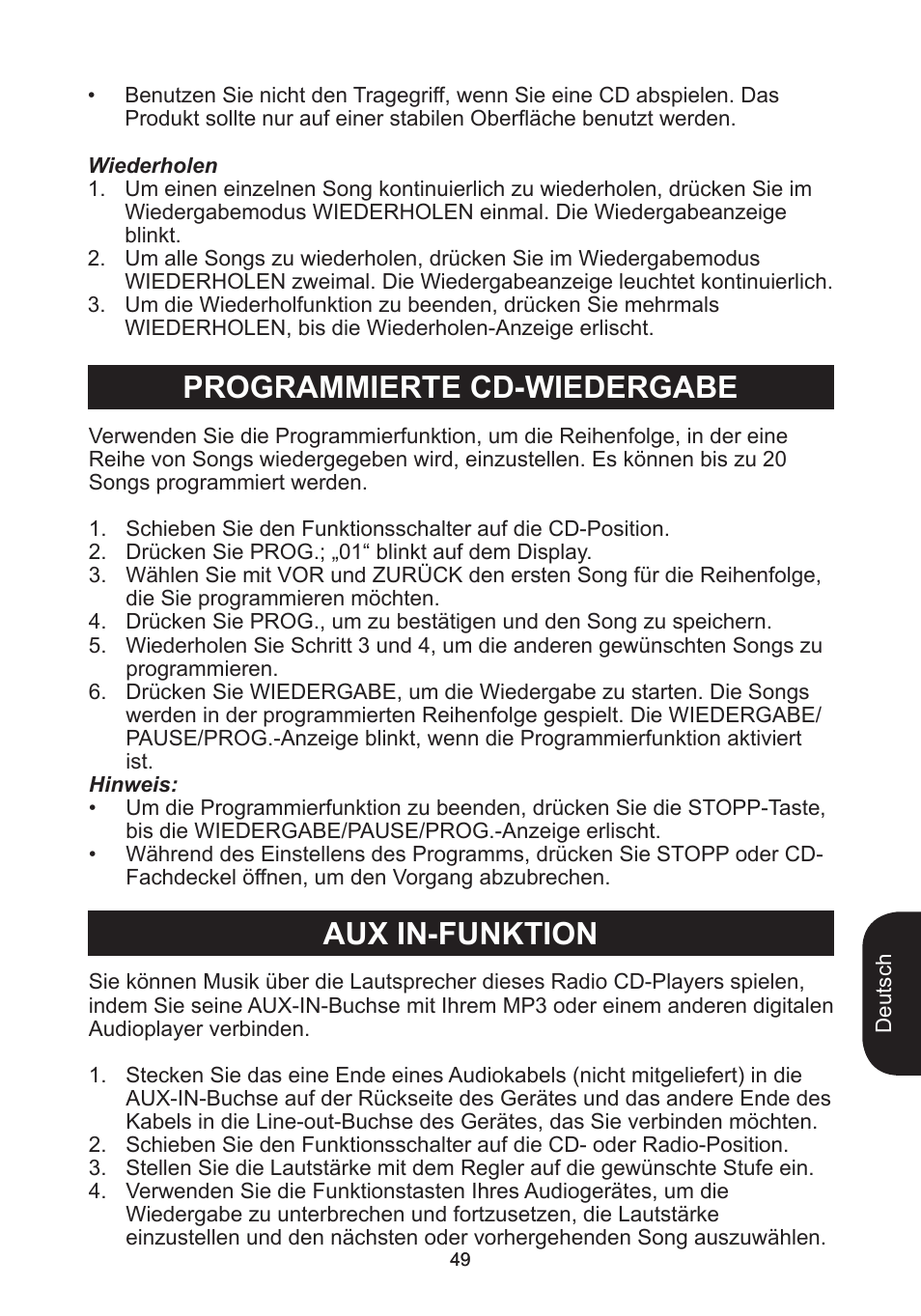 Programmierte cd-wiedergabe aux in-funktion | Lexibook RCD102TF User Manual | Page 49 / 60