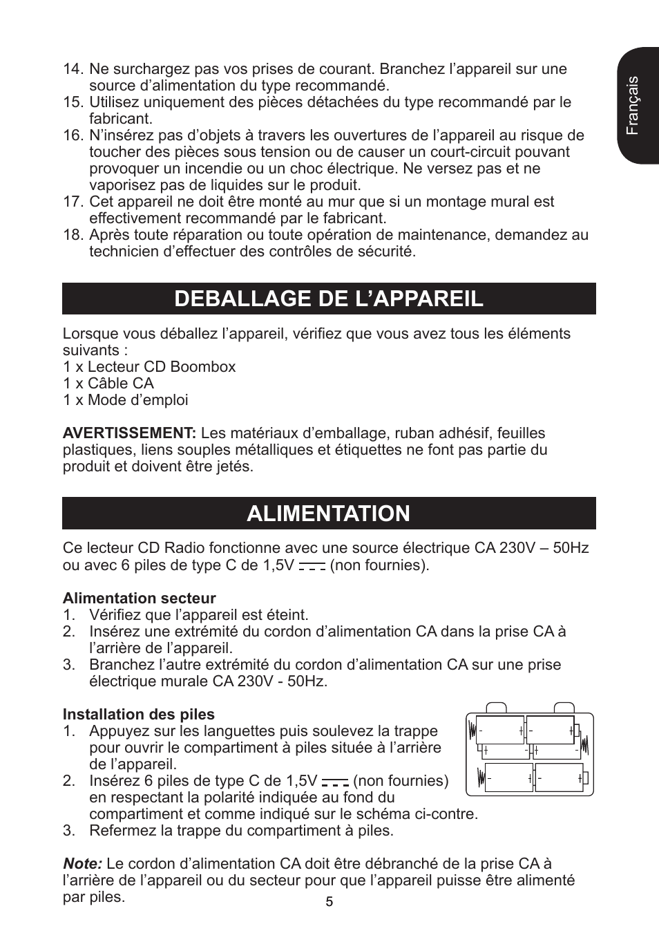 Deballage de l’appareil alimentation | Lexibook RCD102TF User Manual | Page 5 / 60