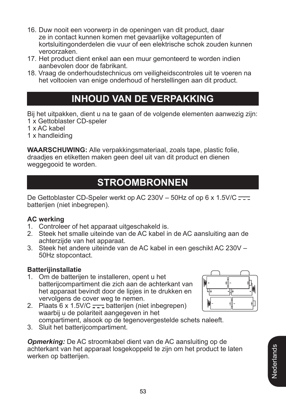 Inhoud van de verpakking stroombronnen | Lexibook RCD102TF User Manual | Page 53 / 60