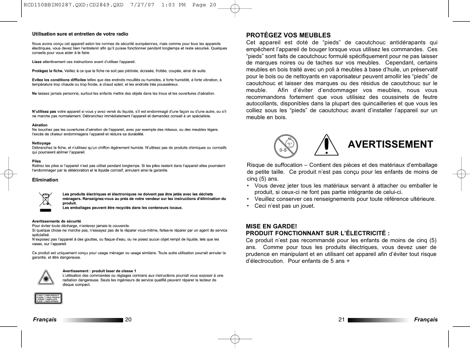 Avertissement | Lexibook RCD150BB User Manual | Page 11 / 62
