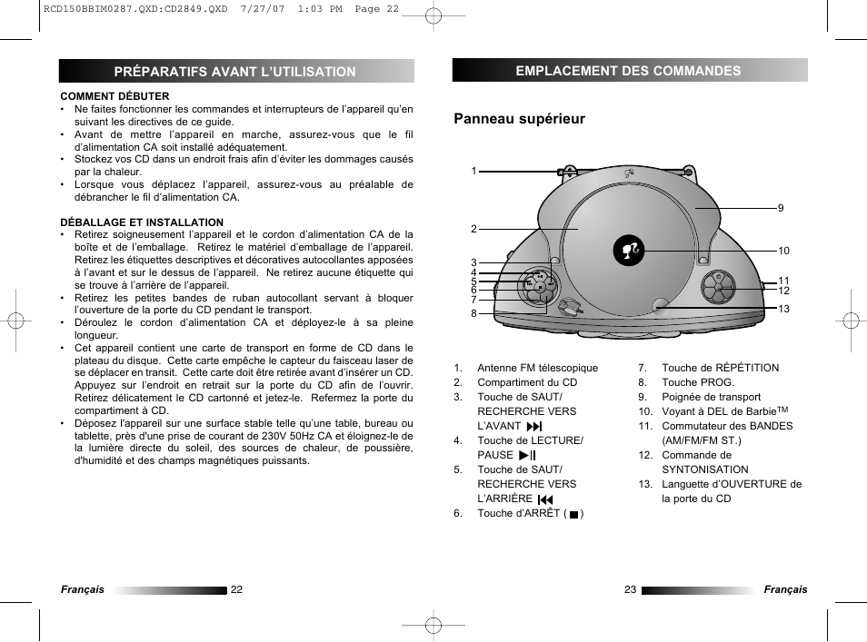 Panneau supérieur | Lexibook RCD150BB User Manual | Page 12 / 62