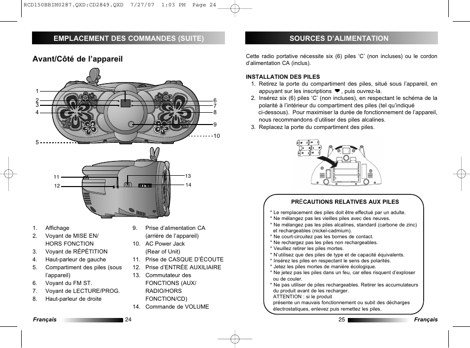 Avant/côté de l’appareil | Lexibook RCD150BB User Manual | Page 13 / 62