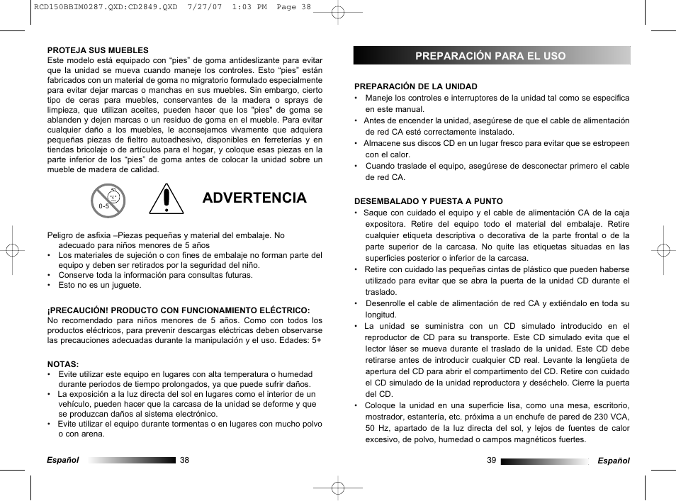 Advertencia | Lexibook RCD150BB User Manual | Page 20 / 62