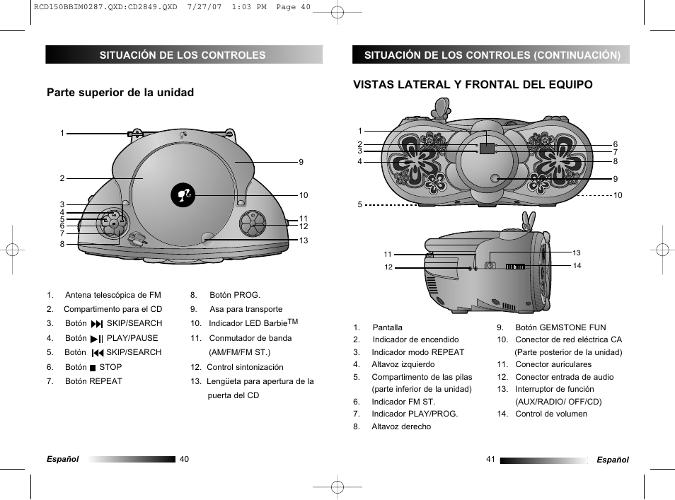 Vistas lateral y frontal del equipo, Parte superior de la unidad | Lexibook RCD150BB User Manual | Page 21 / 62