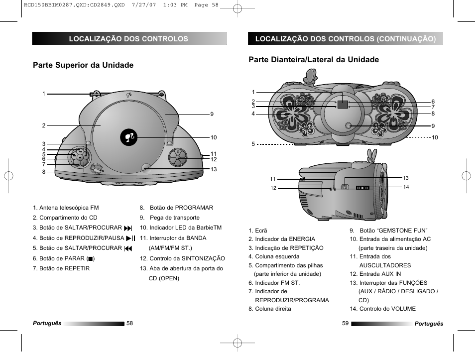 Parte dianteira/lateral da unidade, Parte superior da unidade | Lexibook RCD150BB User Manual | Page 30 / 62