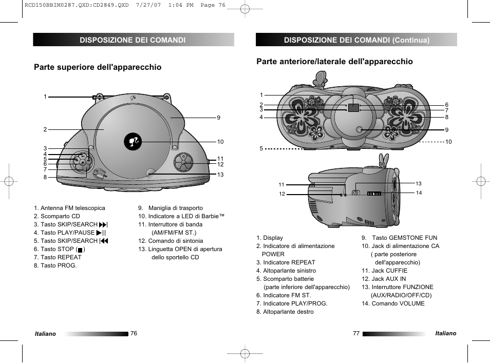 Parte anteriore/laterale dell'apparecchio, Parte superiore dell'apparecchio | Lexibook RCD150BB User Manual | Page 39 / 62