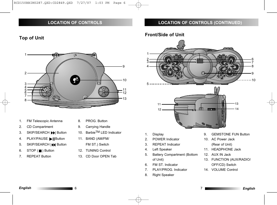 Front/side of unit, Top of unit | Lexibook RCD150BB User Manual | Page 4 / 62