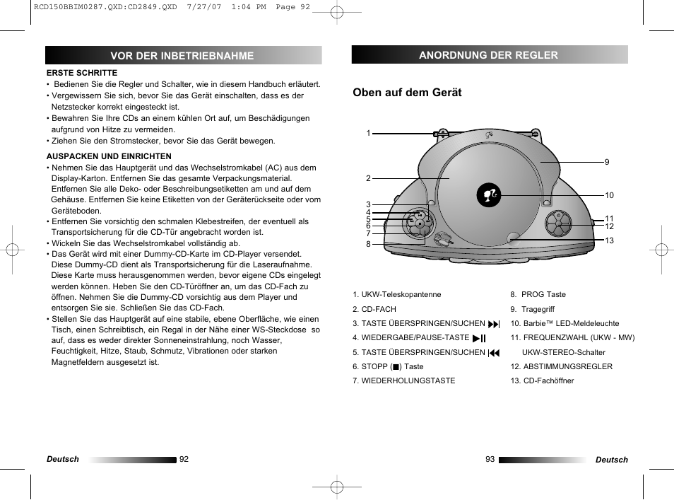 Oben auf dem gerät | Lexibook RCD150BB User Manual | Page 47 / 62