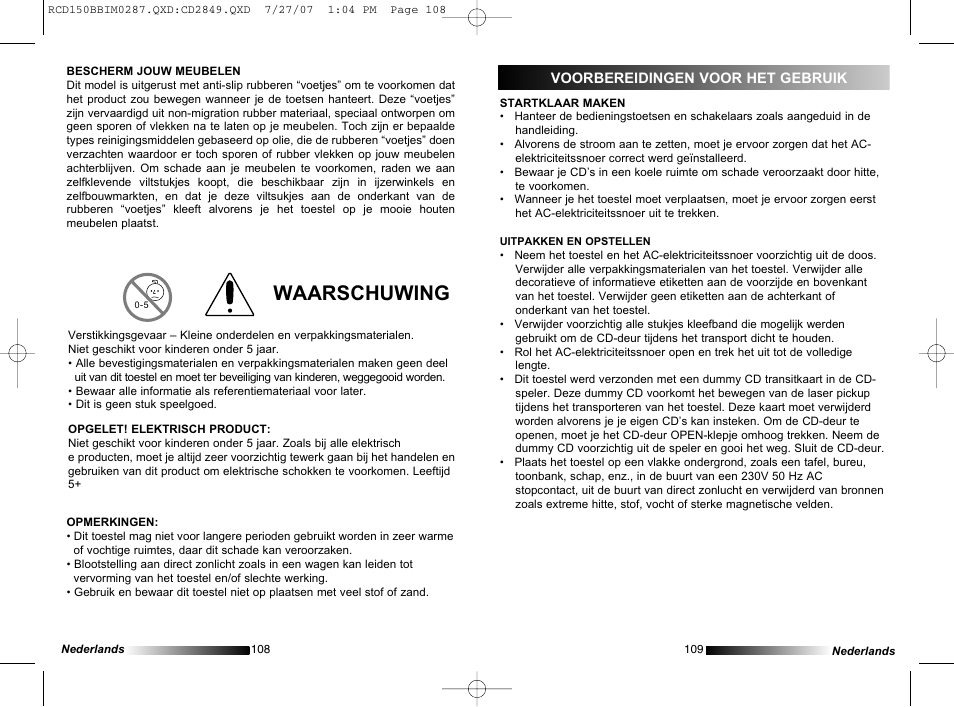 Waarschuwing | Lexibook RCD150BB User Manual | Page 55 / 62