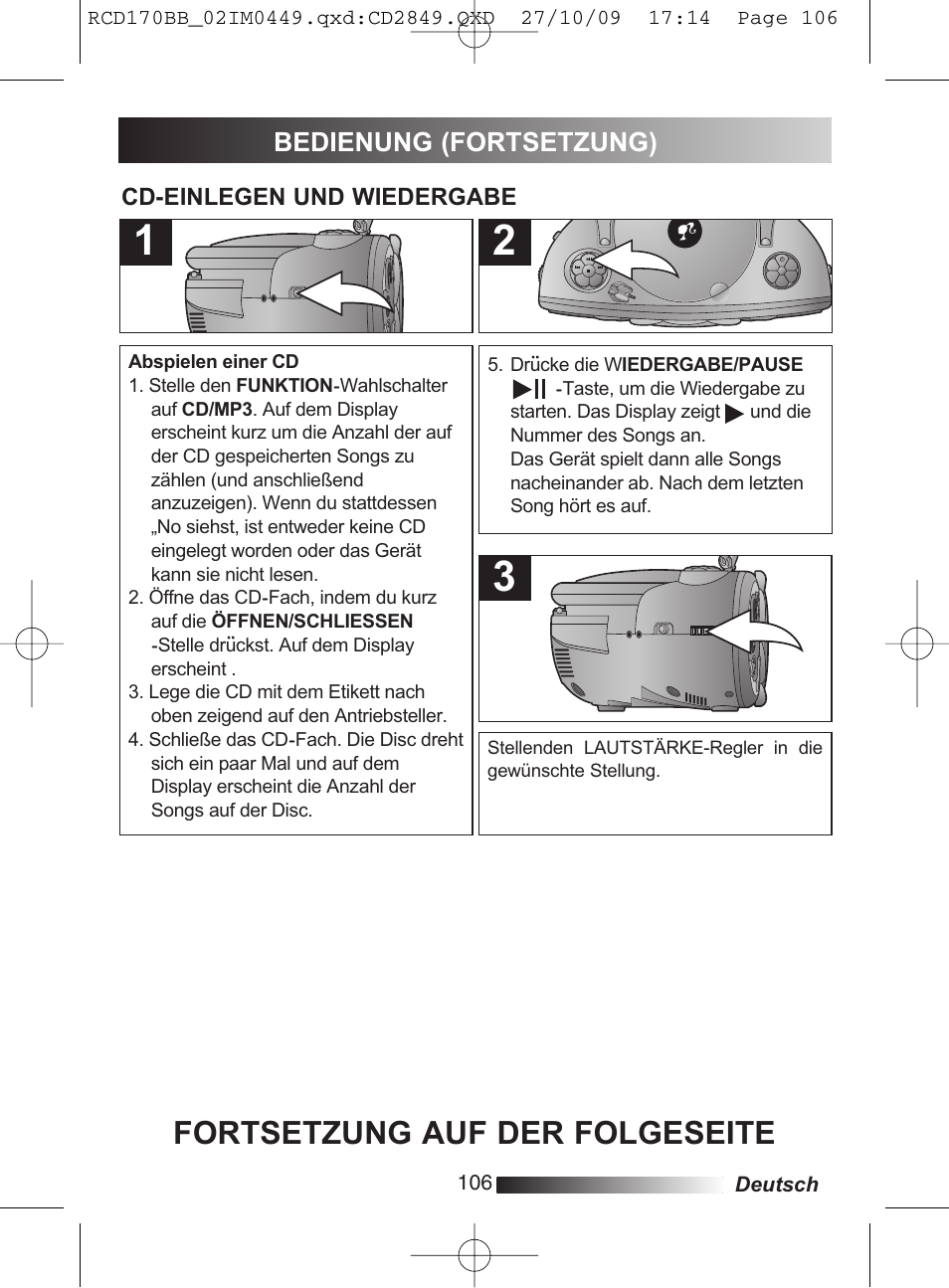 Fortsetzung auf der folgeseite, Bedienung (fortsetzung) | Lexibook RCD170BB User Manual | Page 106 / 134