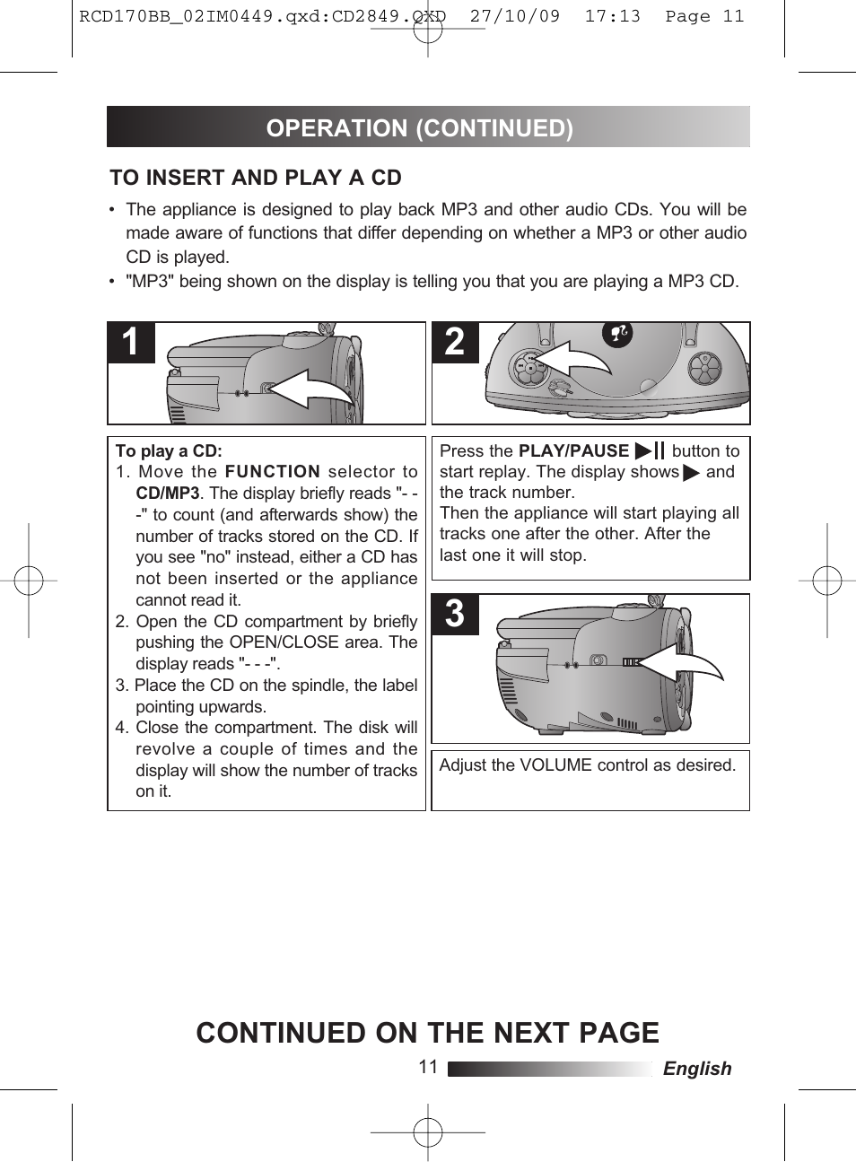 Continued on the next page, Operation (continued) | Lexibook RCD170BB User Manual | Page 11 / 134