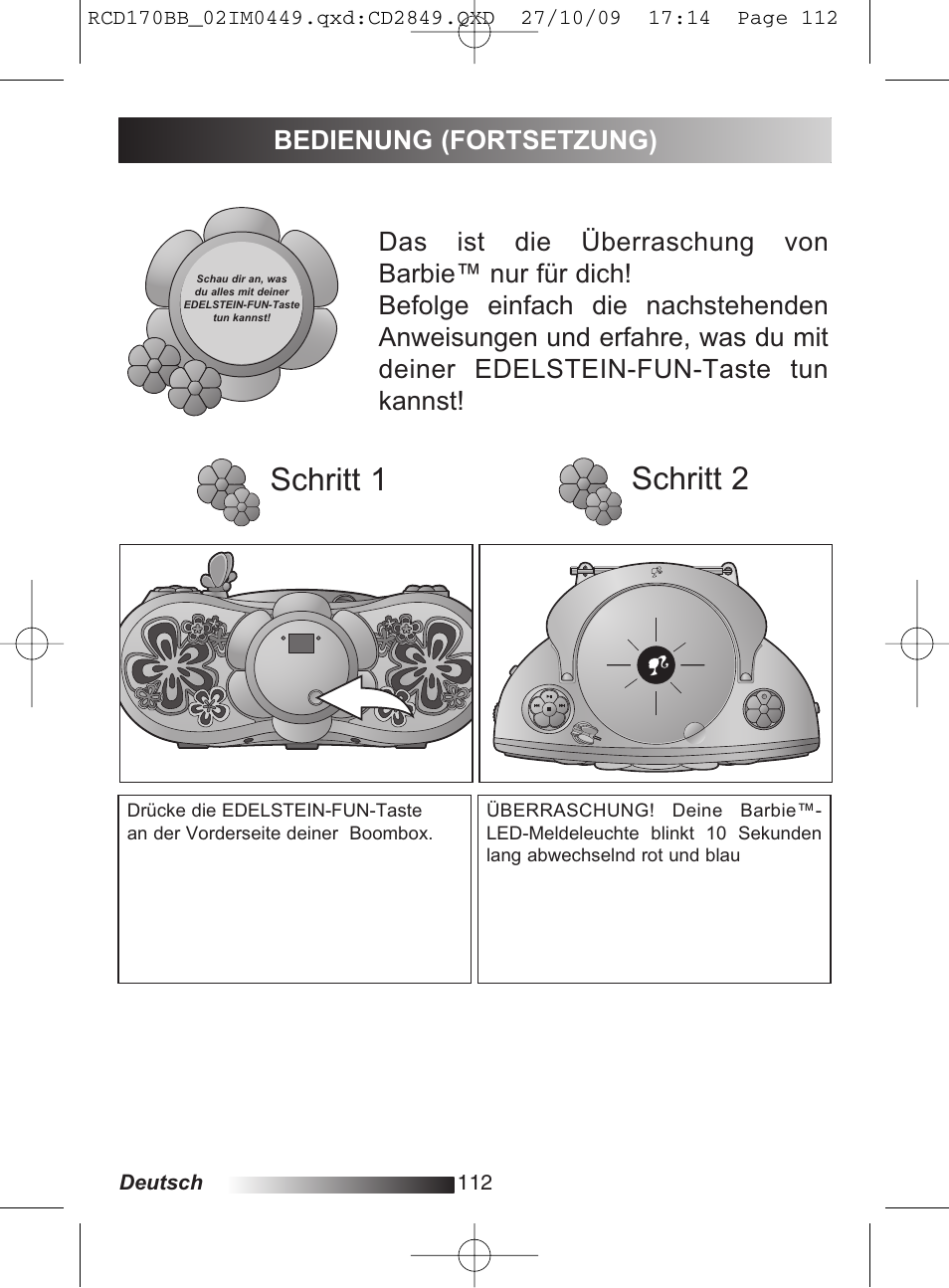 Step 1 step 2 step 1 step 2, Schritt 2 schritt 1, Bedienung (fortsetzung) | Lexibook RCD170BB User Manual | Page 112 / 134
