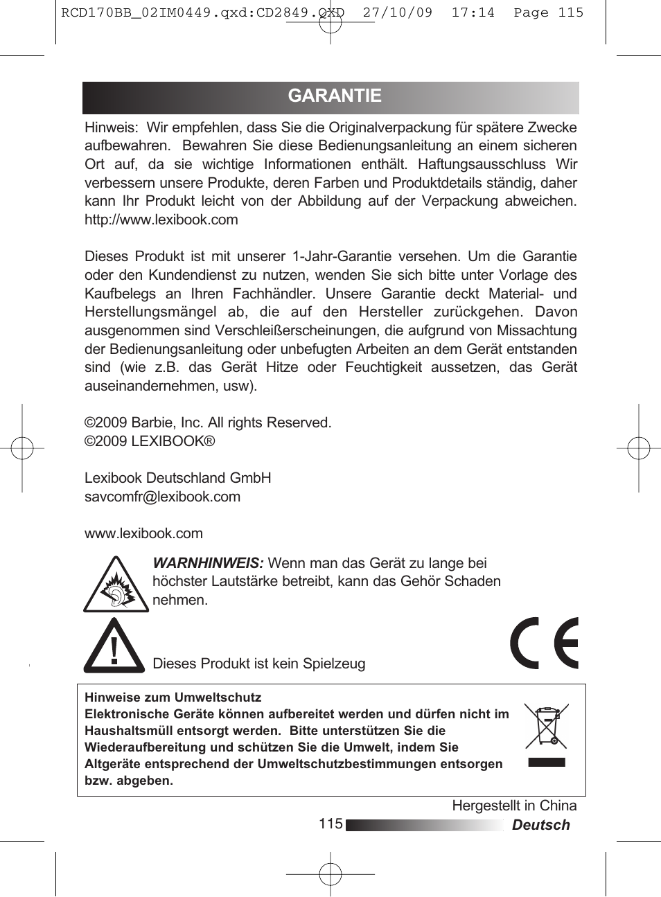 Garantie | Lexibook RCD170BB User Manual | Page 115 / 134