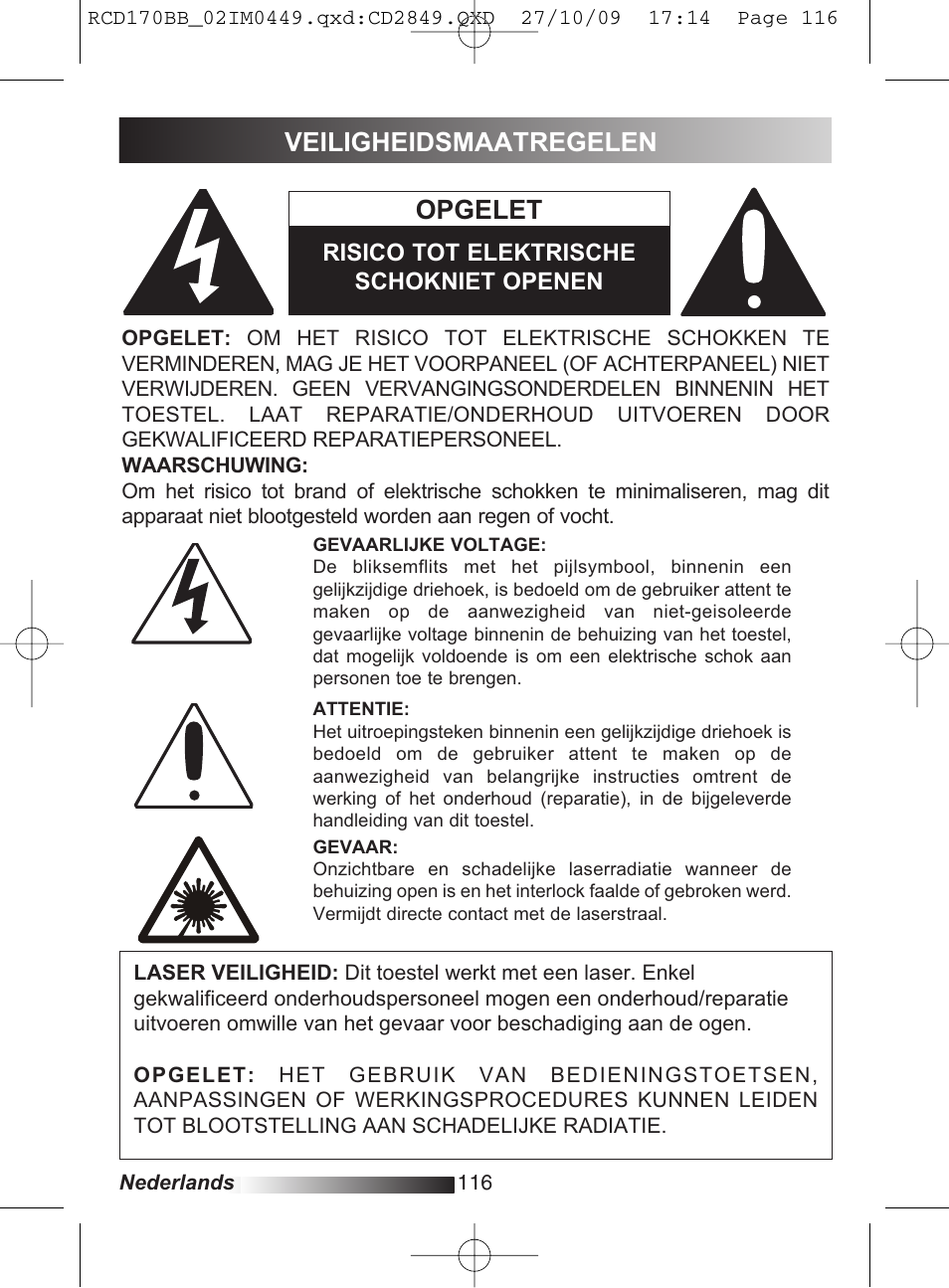 Opgelet, Veiligheidsmaatregelen | Lexibook RCD170BB User Manual | Page 116 / 134