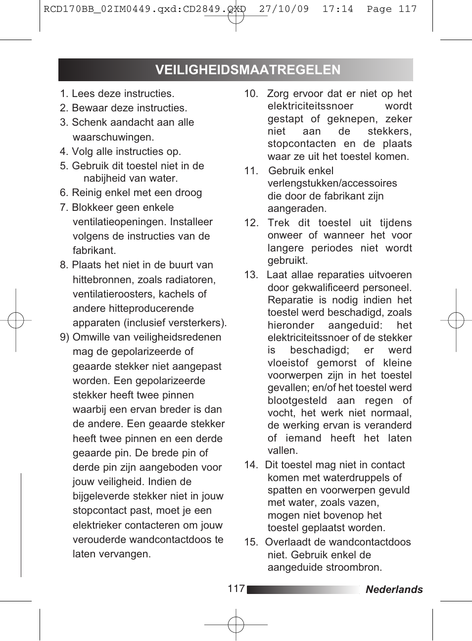 Veiligheidsmaatregelen | Lexibook RCD170BB User Manual | Page 117 / 134