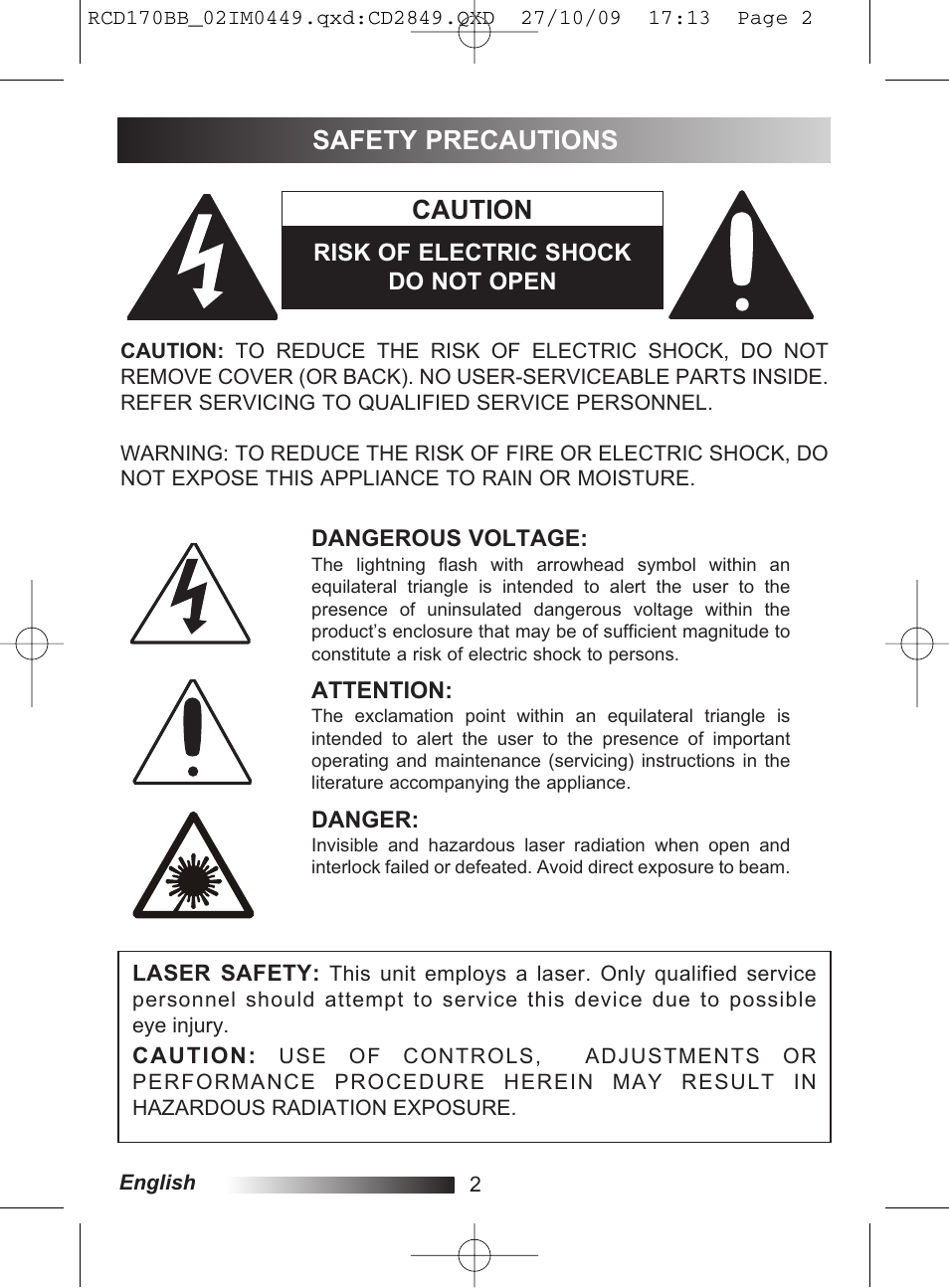 Caution, Safety precautions | Lexibook RCD170BB User Manual | Page 2 / 134
