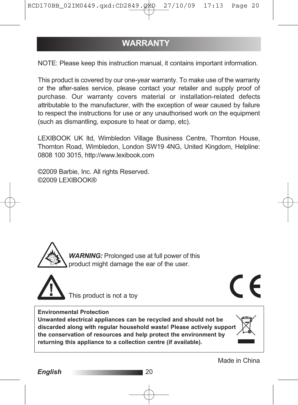 Warranty | Lexibook RCD170BB User Manual | Page 20 / 134