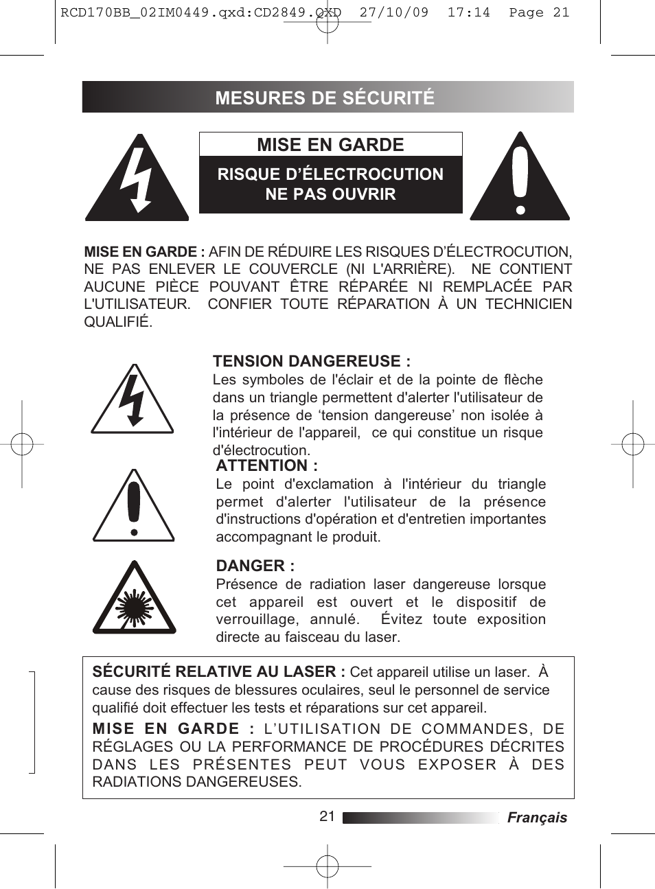Mise en garde, Mesures de sécurité | Lexibook RCD170BB User Manual | Page 21 / 134