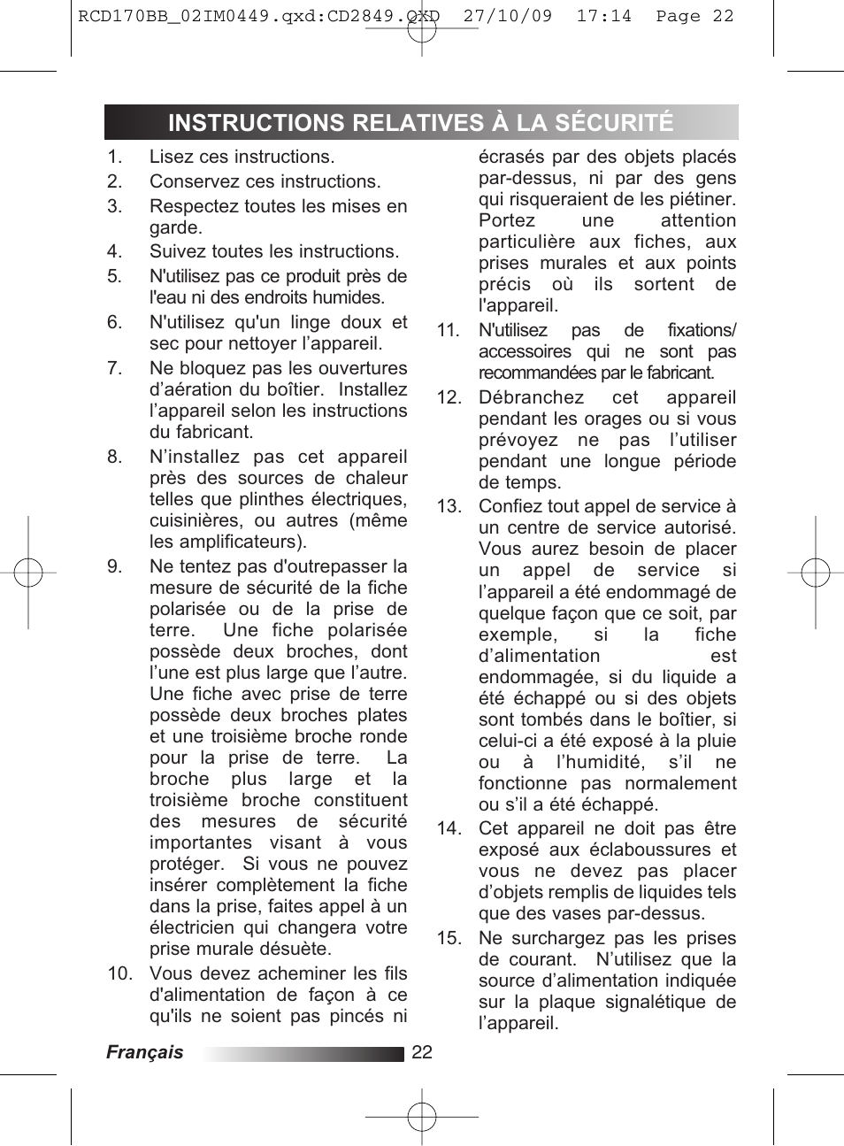 Instructions relatives à la sécurité | Lexibook RCD170BB User Manual | Page 22 / 134