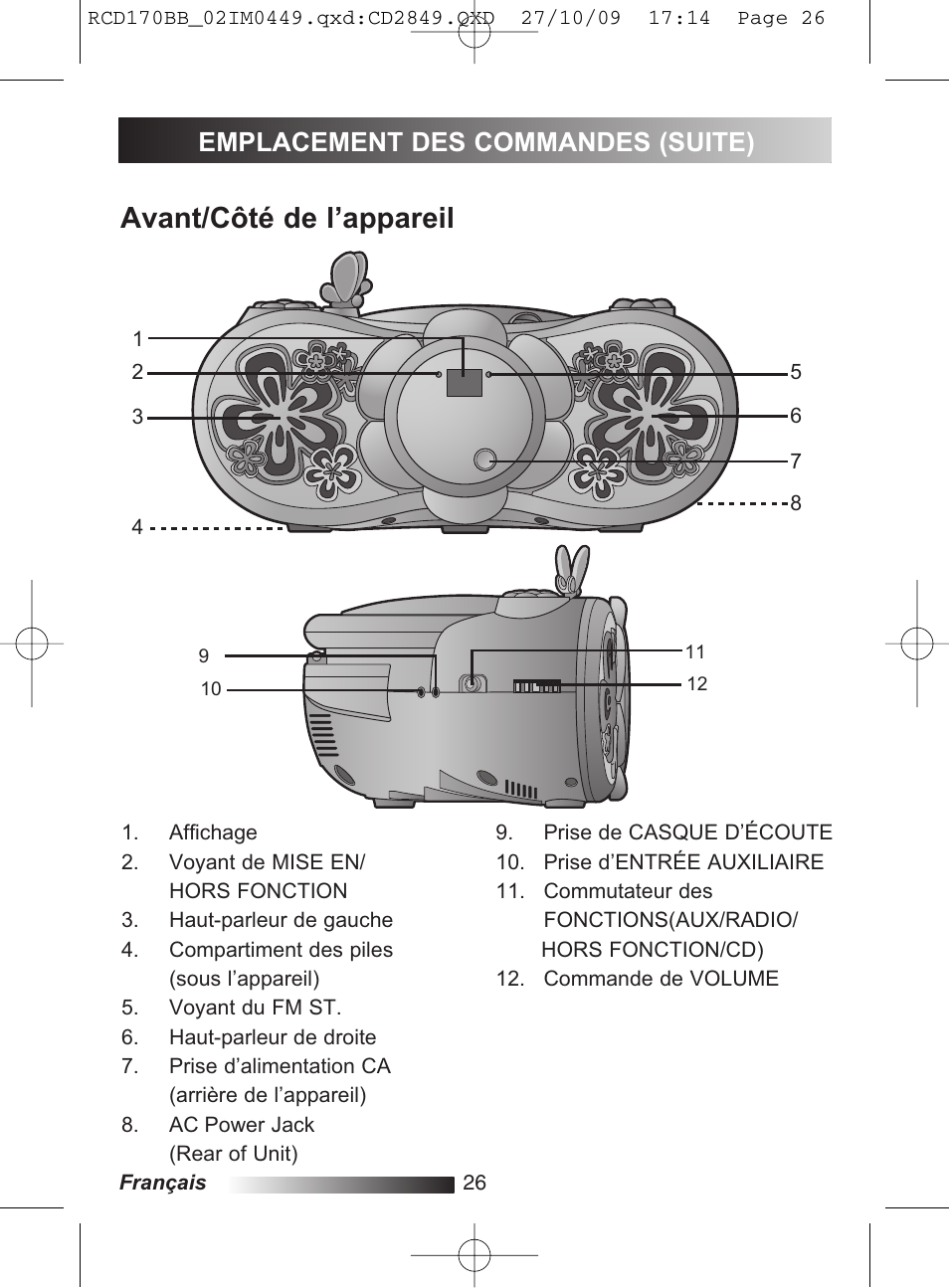 Avant/côté de l’appareil, Emplacement des commandes (suite) | Lexibook RCD170BB User Manual | Page 26 / 134