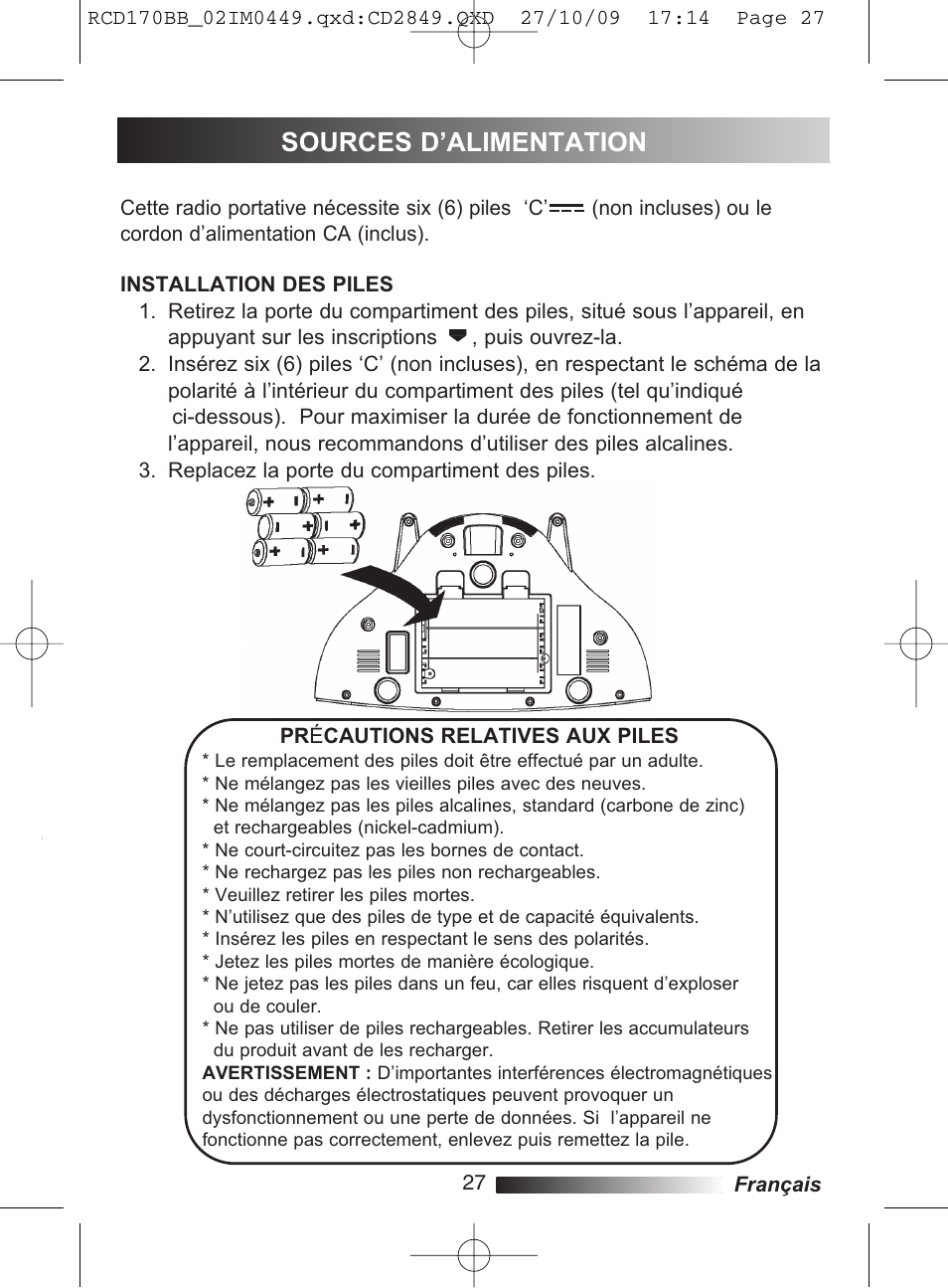 Sources d’alimentation | Lexibook RCD170BB User Manual | Page 27 / 134