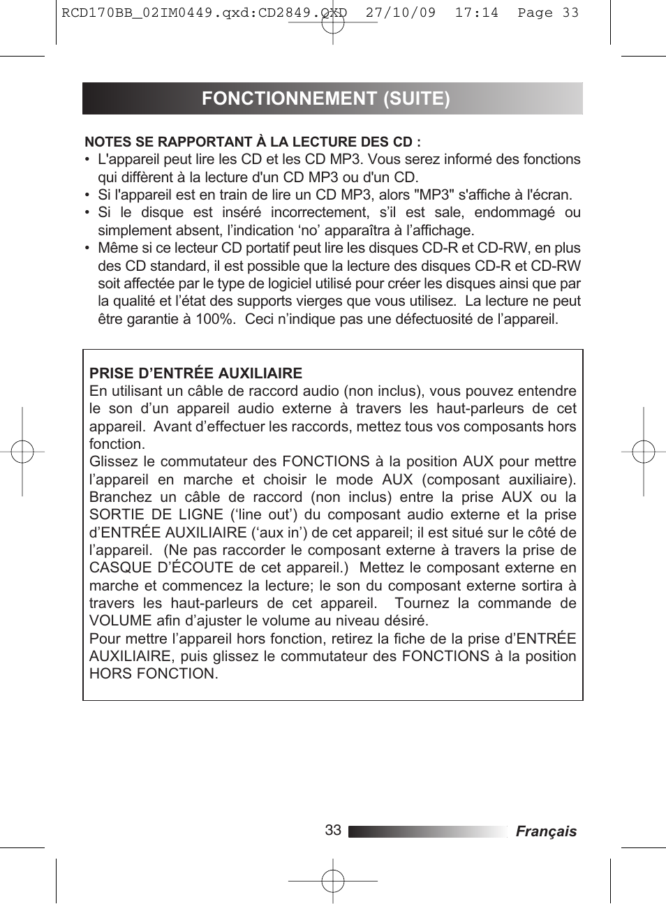 Fonctionnement (suite) | Lexibook RCD170BB User Manual | Page 33 / 134