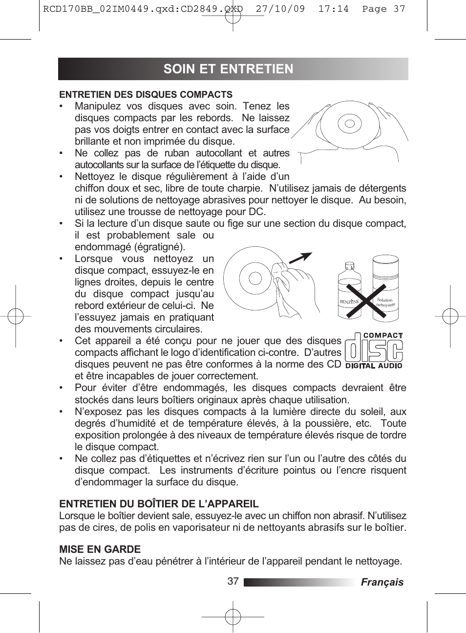 Soin et entretien | Lexibook RCD170BB User Manual | Page 37 / 134