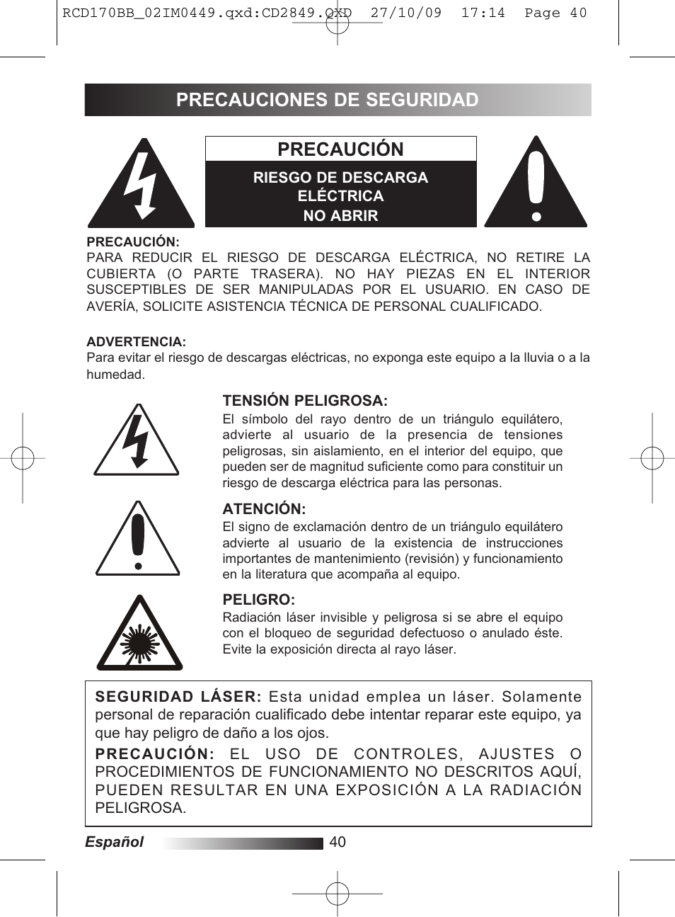 Precaución, Precauciones de seguridad | Lexibook RCD170BB User Manual | Page 40 / 134