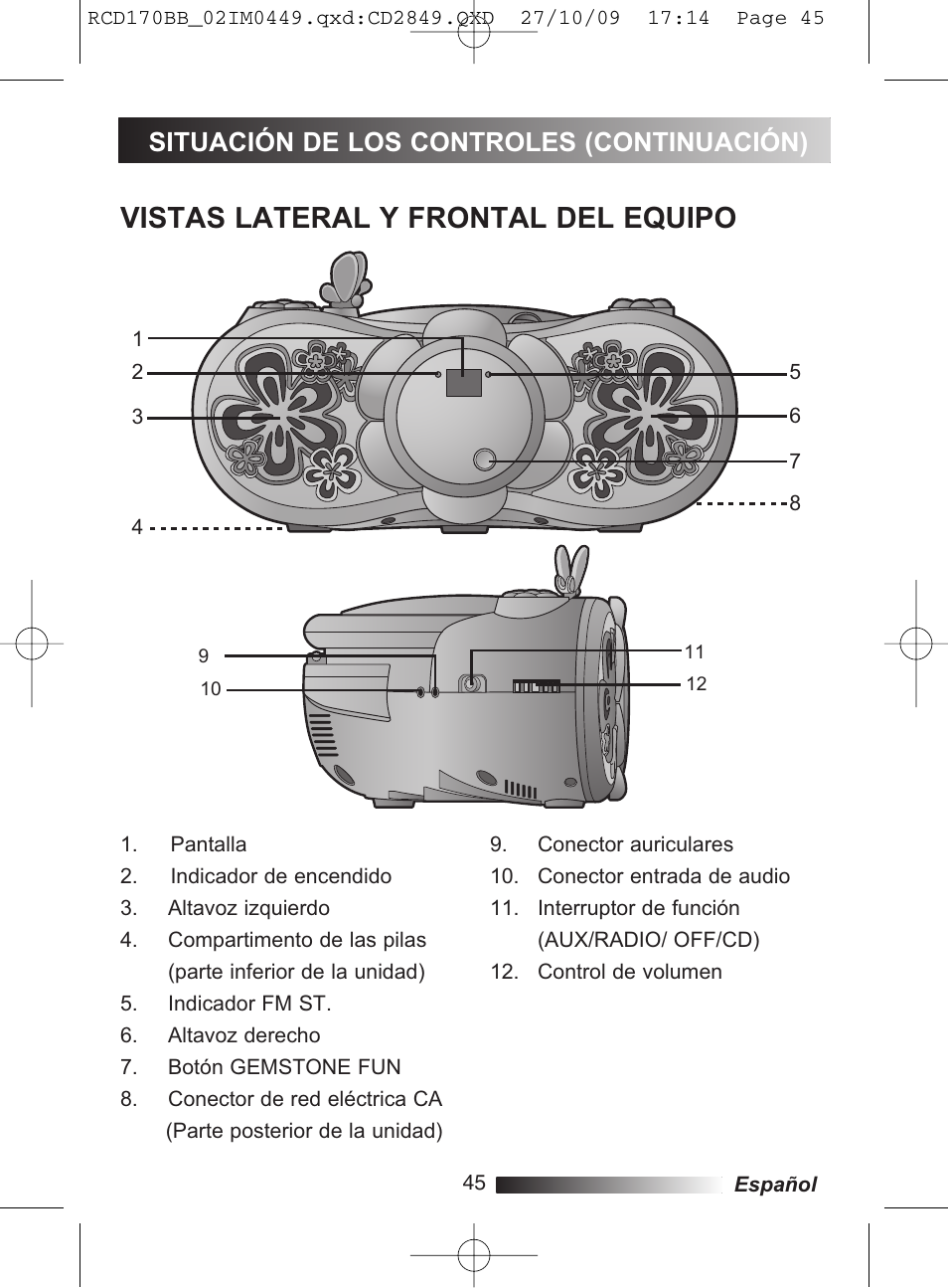 Vistas lateral y frontal del equipo, Situación de los controles (continuación) | Lexibook RCD170BB User Manual | Page 45 / 134