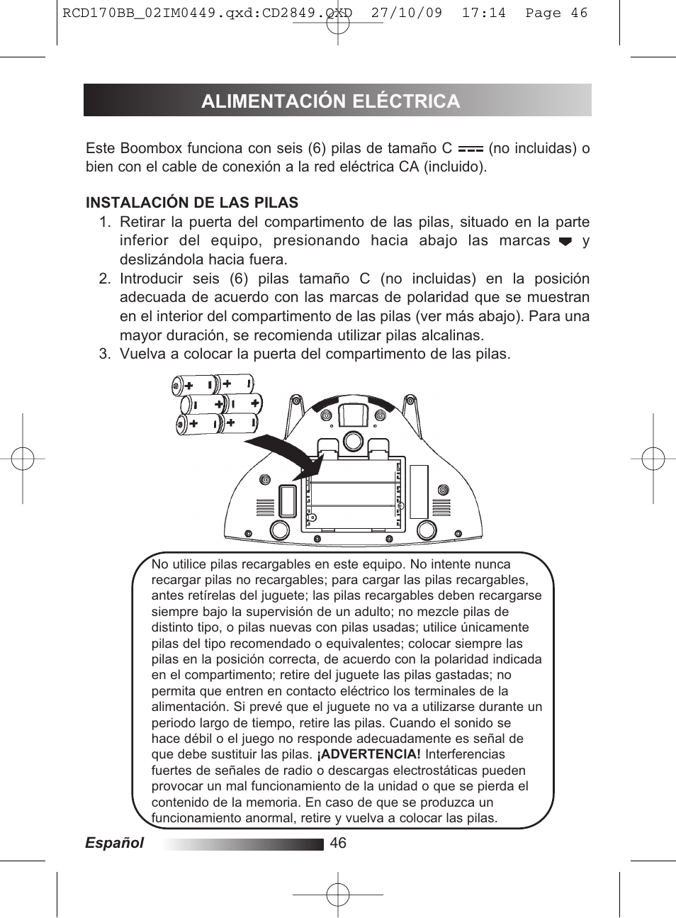 Alimentación eléctrica | Lexibook RCD170BB User Manual | Page 46 / 134
