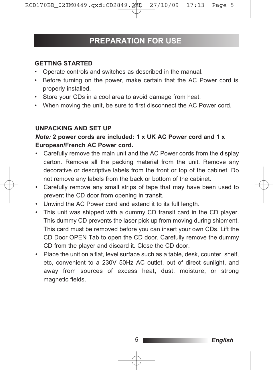 Preparation for use | Lexibook RCD170BB User Manual | Page 5 / 134