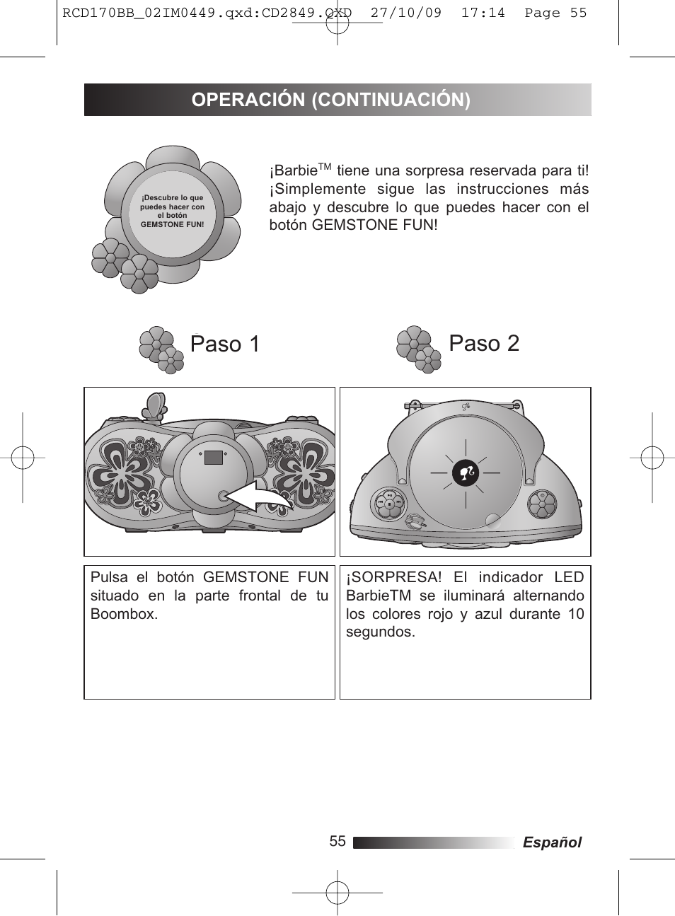 Step 1 step 2 step 1 step 2, Paso 2 paso 1, Operación (continuación) | Lexibook RCD170BB User Manual | Page 55 / 134