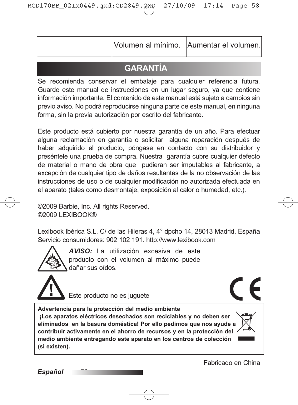 Garantía | Lexibook RCD170BB User Manual | Page 58 / 134