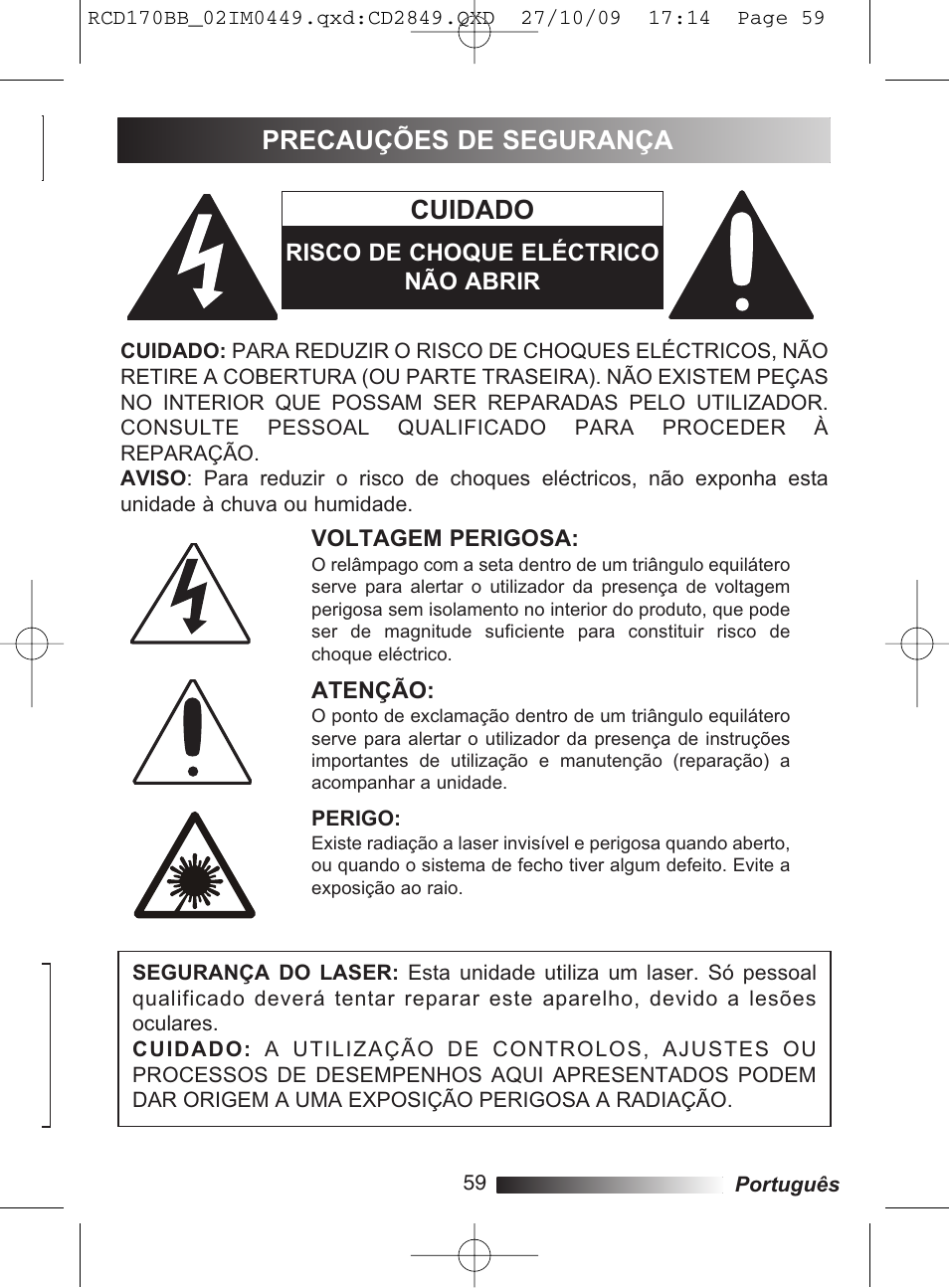 Cuidado, Precauções de segurança | Lexibook RCD170BB User Manual | Page 59 / 134