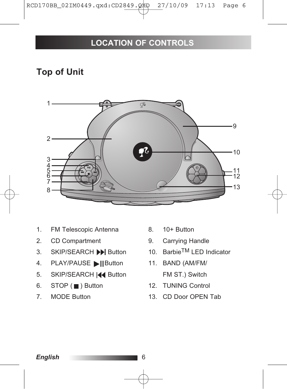 Top of unit, Location of controls | Lexibook RCD170BB User Manual | Page 6 / 134