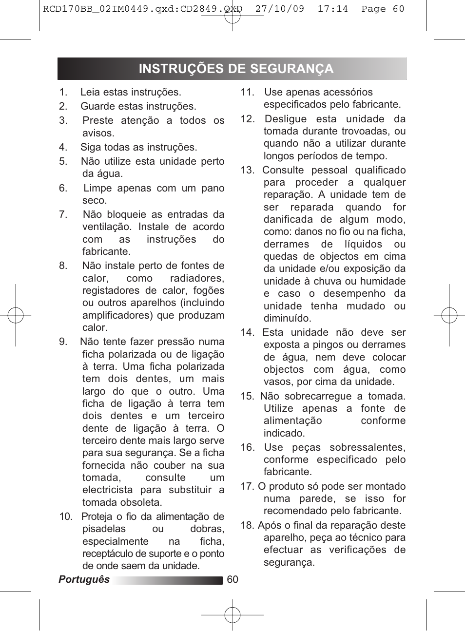 Instruções de segurança | Lexibook RCD170BB User Manual | Page 60 / 134