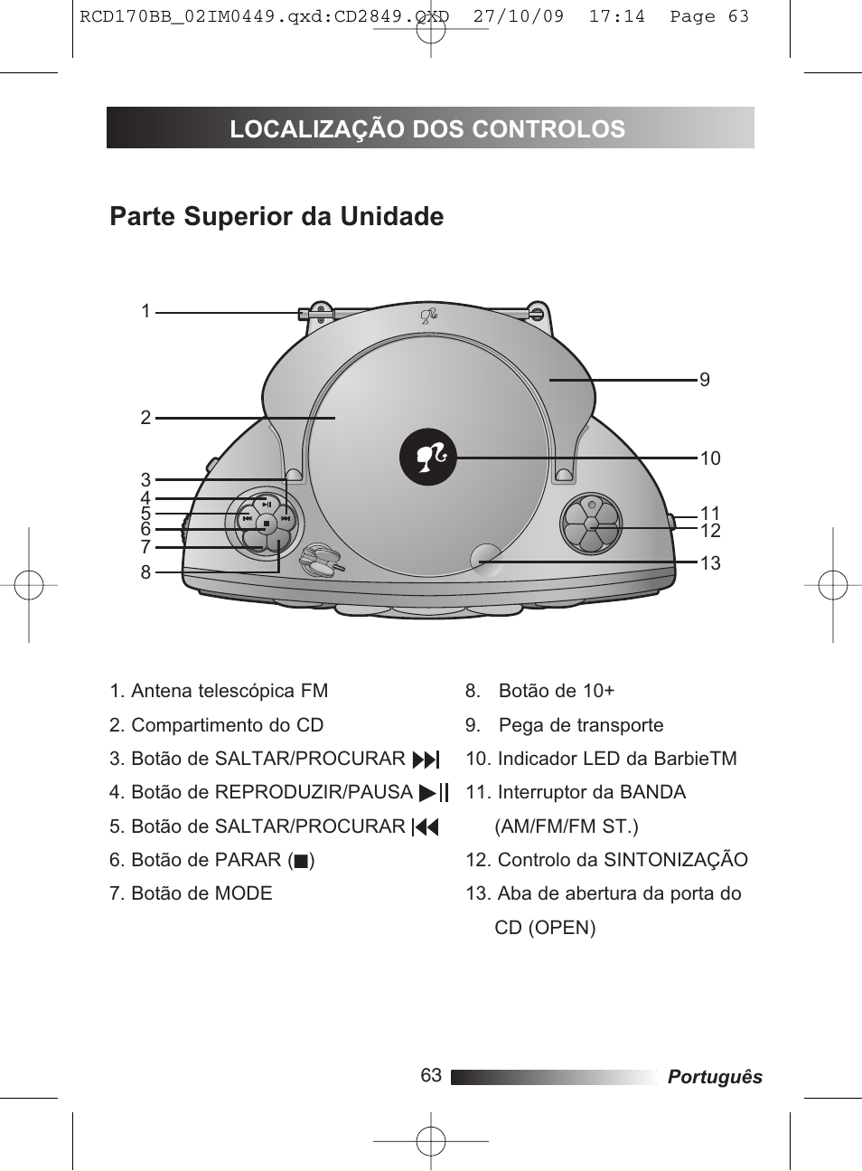 Parte superior da unidade, Localização dos controlos | Lexibook RCD170BB User Manual | Page 63 / 134