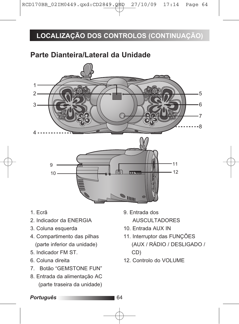 Parte dianteira/lateral da unidade, Localização dos controlos (continuação) | Lexibook RCD170BB User Manual | Page 64 / 134