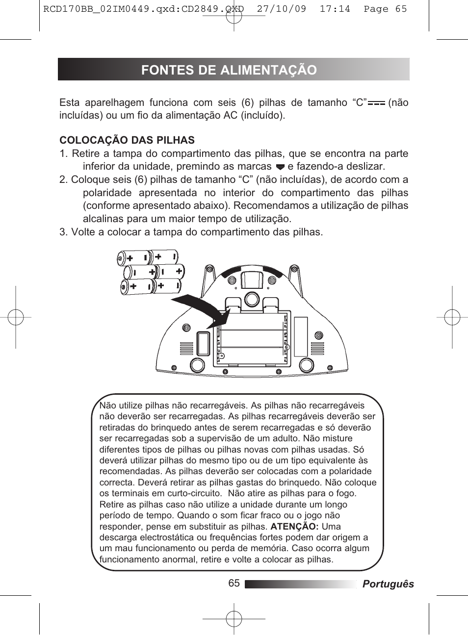 Fontes de alimentação, Localização dos controlos (continuação) | Lexibook RCD170BB User Manual | Page 65 / 134