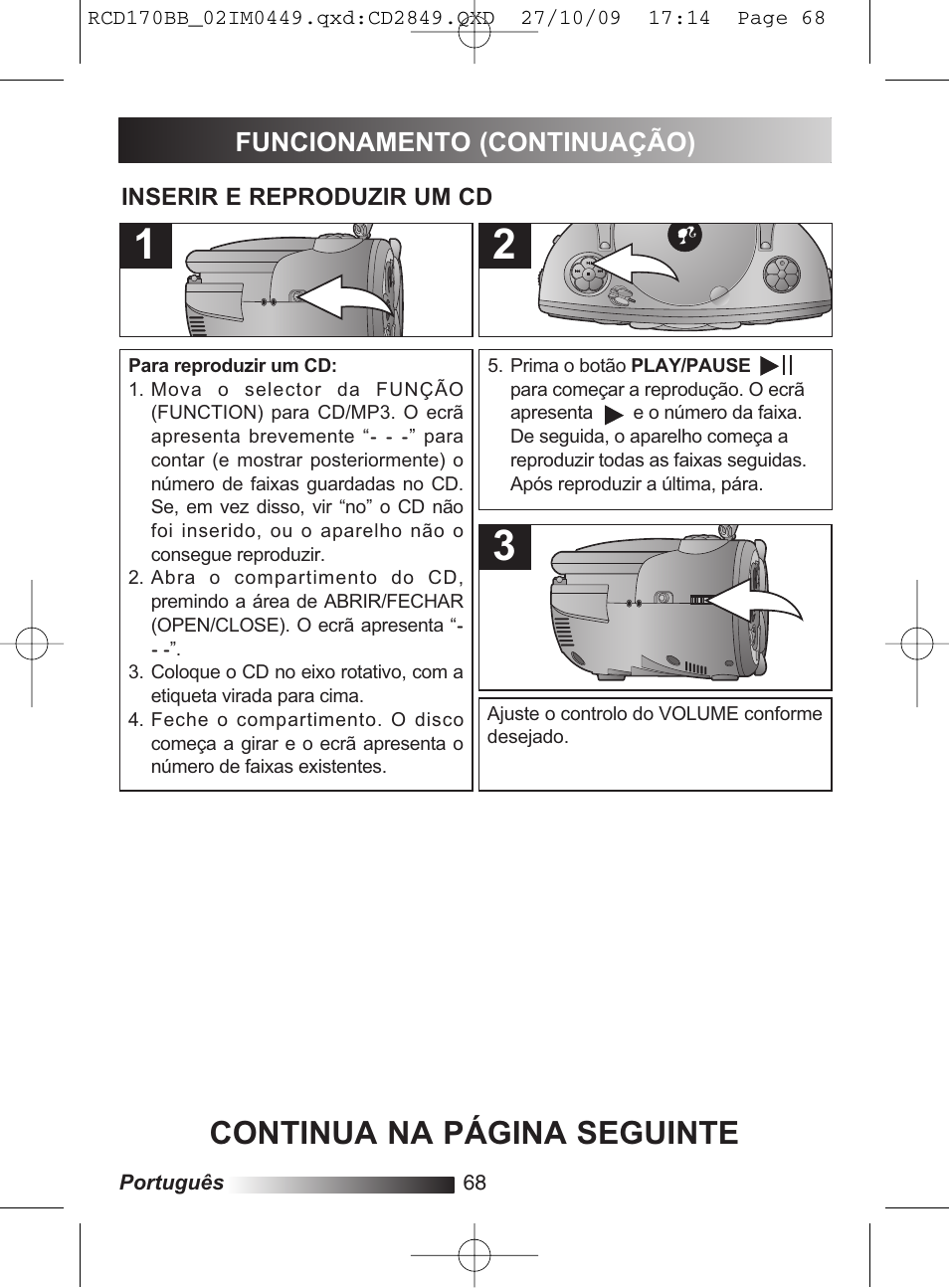 Continua na página seguinte, Funcionamento (continuação) | Lexibook RCD170BB User Manual | Page 68 / 134