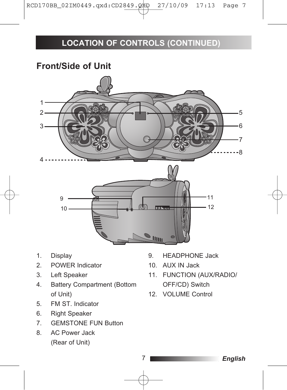 Front/side of unit, Location of controls (continued) | Lexibook RCD170BB User Manual | Page 7 / 134