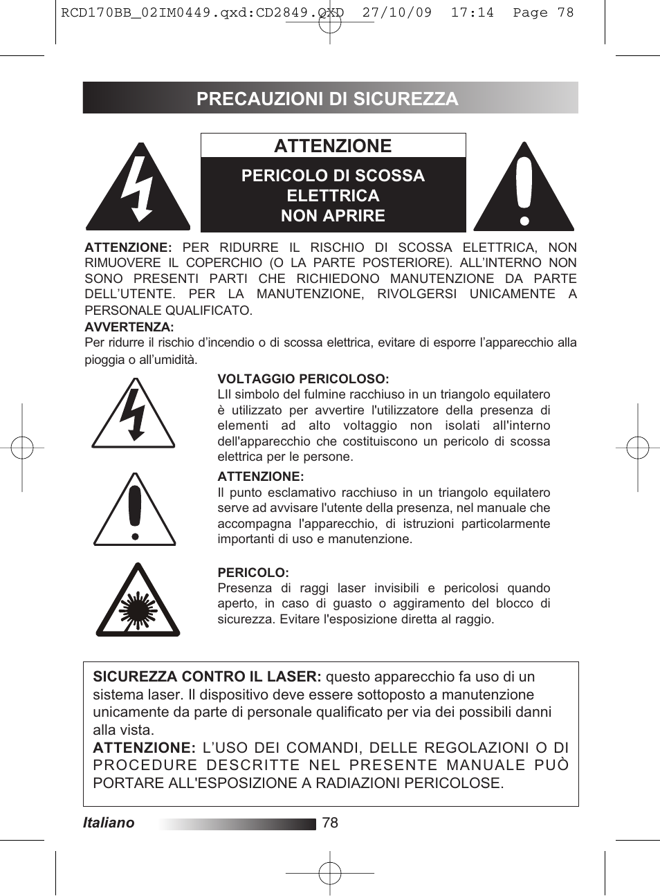 Attenzione, Precauzioni di sicurezza | Lexibook RCD170BB User Manual | Page 78 / 134