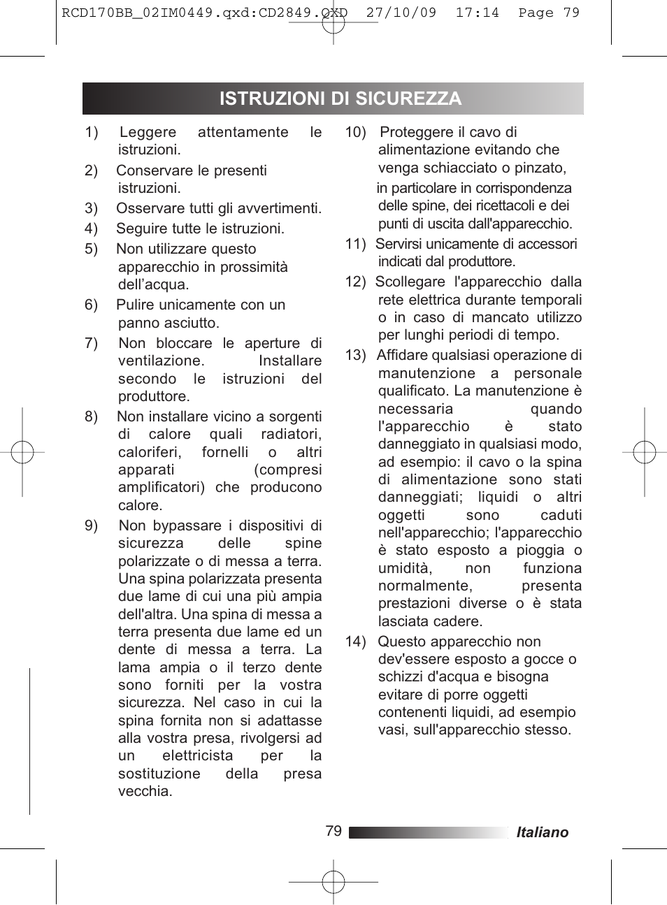 Istruzioni di sicurezza | Lexibook RCD170BB User Manual | Page 79 / 134