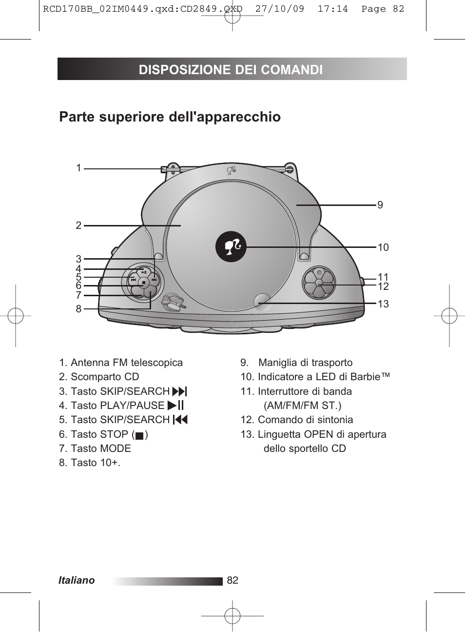 Parte superiore dell'apparecchio, Disposizione dei comandi | Lexibook RCD170BB User Manual | Page 82 / 134