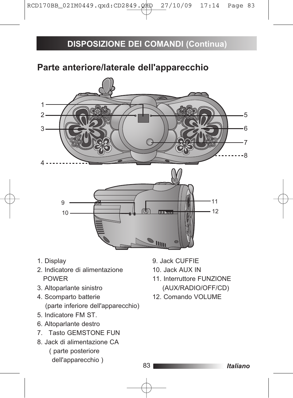 Parte anteriore/laterale dell'apparecchio, Disposizione dei comandi (continua) | Lexibook RCD170BB User Manual | Page 83 / 134