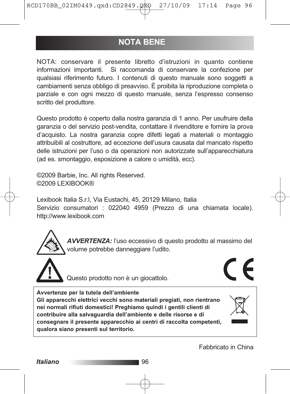 Nota bene | Lexibook RCD170BB User Manual | Page 96 / 134