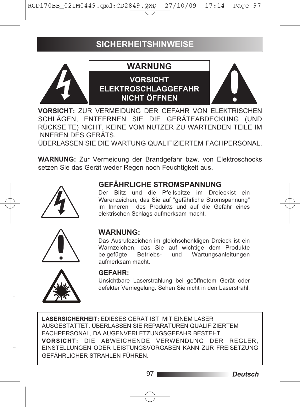 Warnung, Sicherheitshinweise | Lexibook RCD170BB User Manual | Page 97 / 134