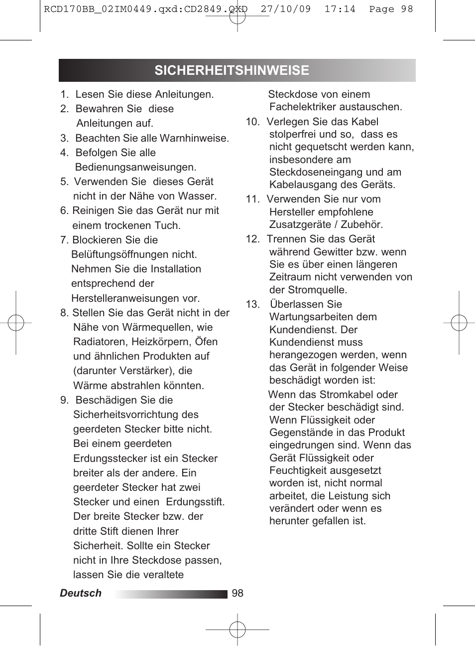 Sicherheitshinweise | Lexibook RCD170BB User Manual | Page 98 / 134